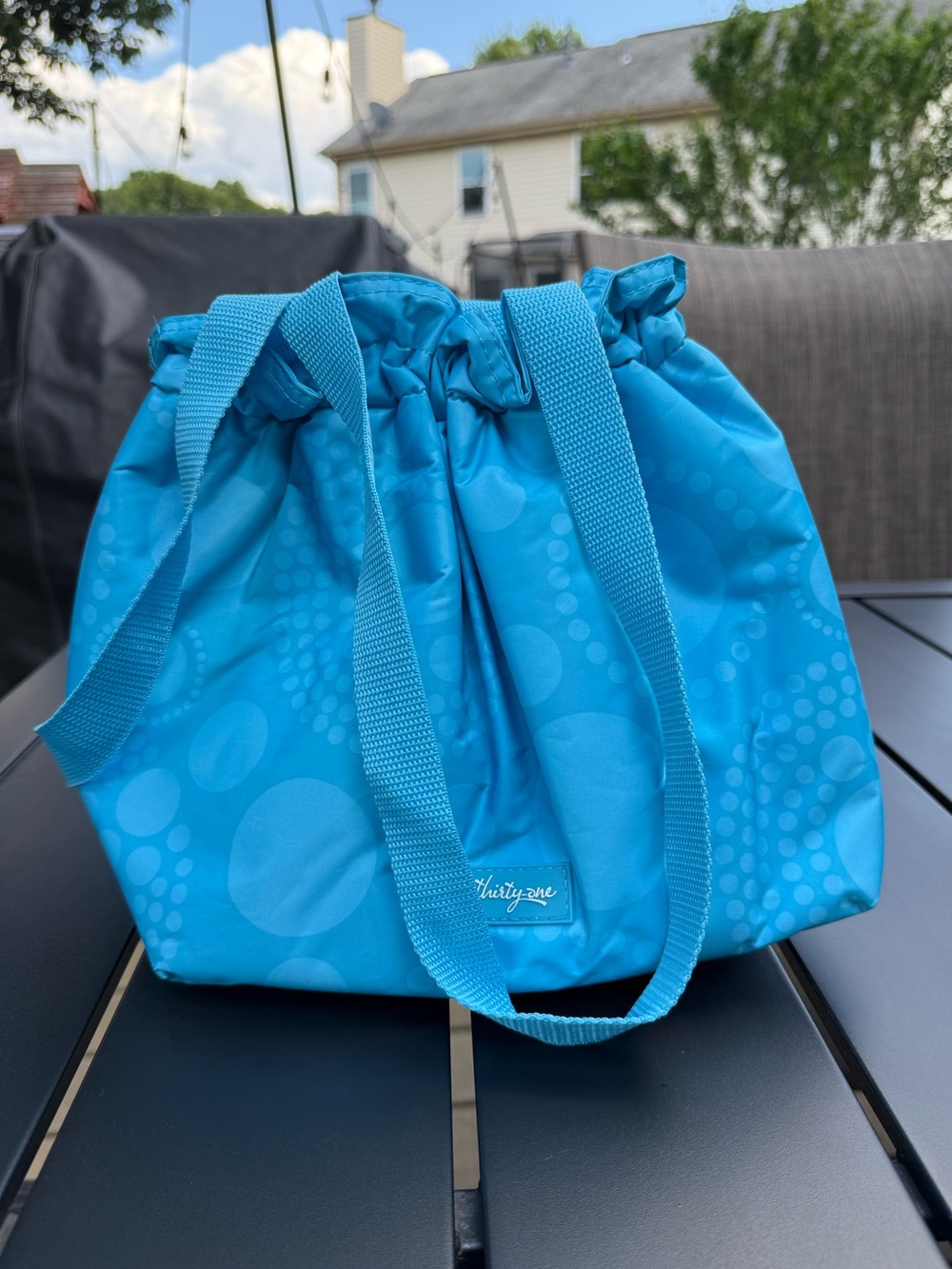 Thirty One Cinch It Up Thermal Lunch Bag Aqua Circle Spirals Pattern- NEW